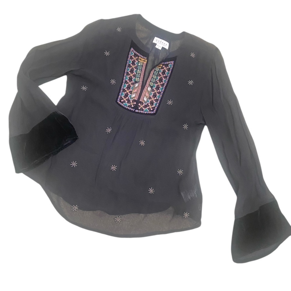 Velvet sheer black beaded embroidered split neck bell sleeve velvet cuff small - Picture 2 of 10